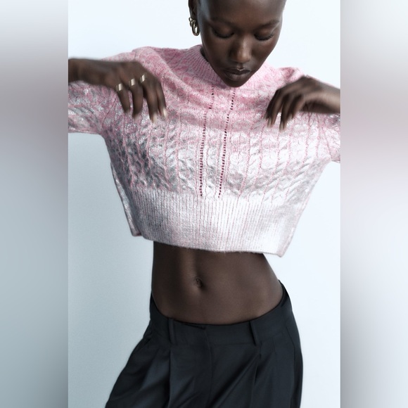 Zara Cable Knit Metallic Pink Cropped Sweater - Picture 2 of 11